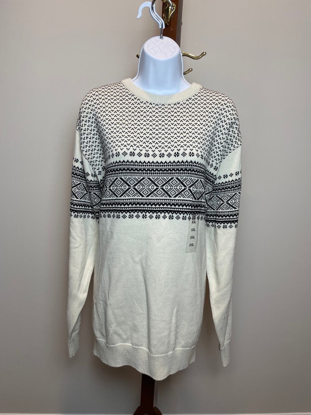 Weatherproof Vintage Nordic Fair Isle Crewneck Sweater XXL Cream Gray Cotton NWT